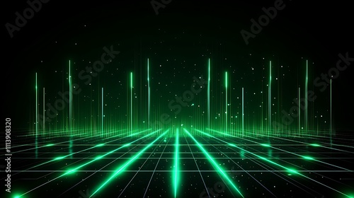 Abstract Green Light Patterns Create Futuristic Grid Landscape with Sparkling Stars and Vertical Lines in Dark Space