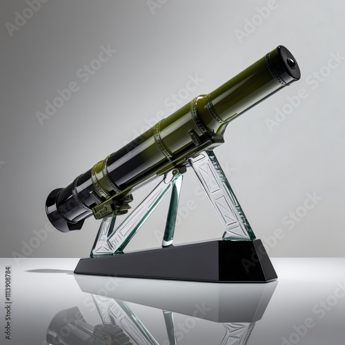 Glass Anti-Tank Rocket Launcher sculpture with gradient gray barrel and gold accents on gray background, generative ai photo