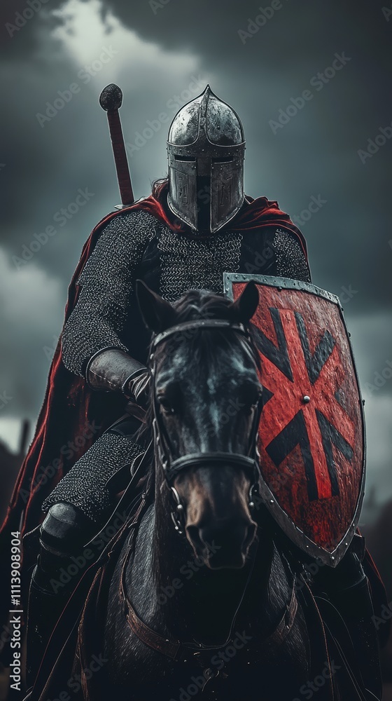 Naklejka premium Crusader knight on horseback with redcrossed shield in stormy sky