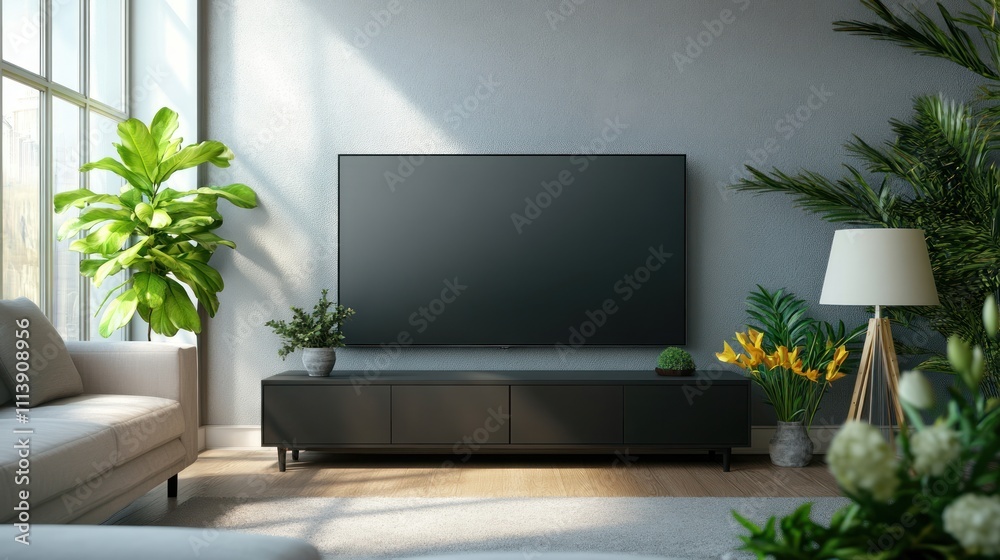 Modern living room with a TV, plants, and cozy furniture creating a relaxing atmosphere. Modern living room with a TV, plants, and cozy furniture creating a relaxing atmosphere.
