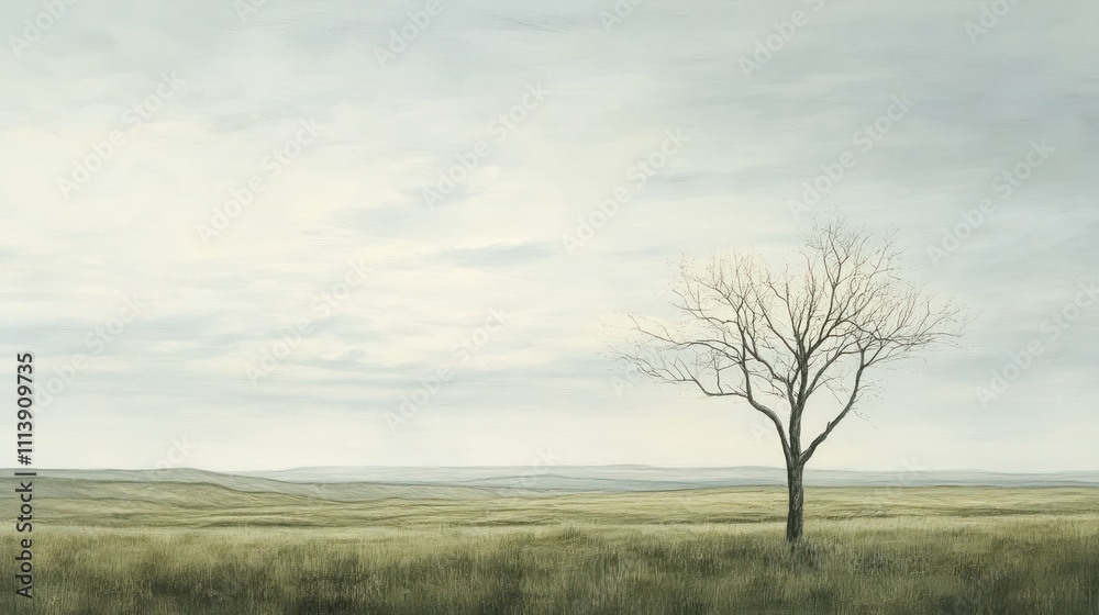 Solitary Bare Tree in a Vast Grassland Landscape Solitary Bare Tree in a Vast Grassland Landscape