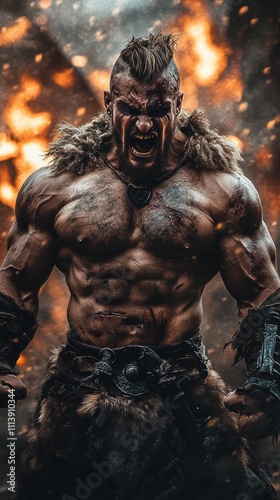 Muscular barbarian warrior in epic ancient battle scene