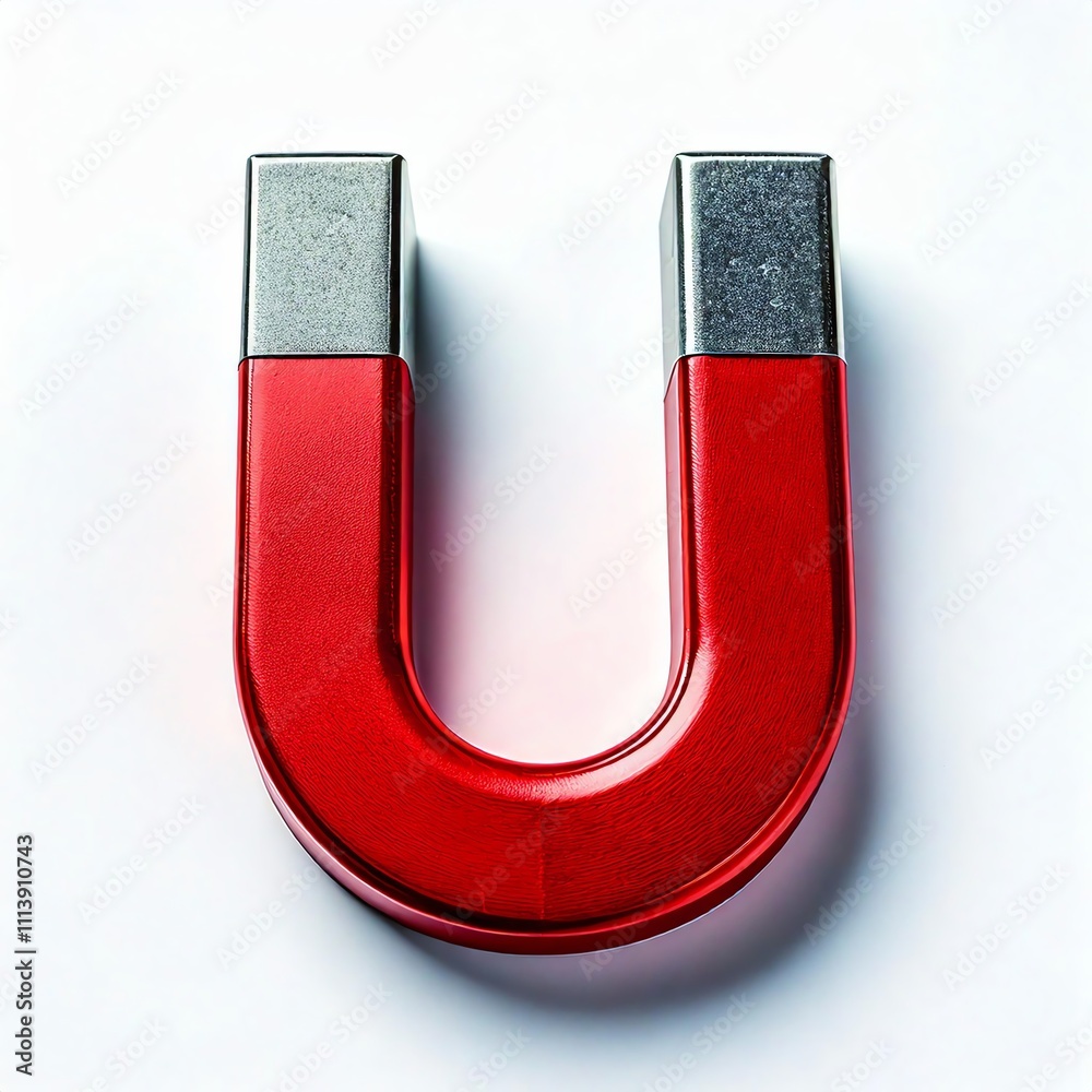 A red U-shaped magnet with metal ends on a white background. A red U-shaped magnet with metal ends on a white background.