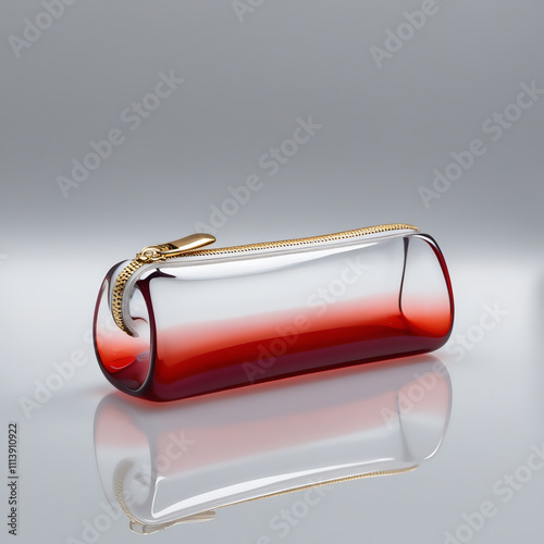 Glass Pencil Case Sculpture, Transparent Glass with Gradient Red Body and Gold Zipper Handle, Generative Ai