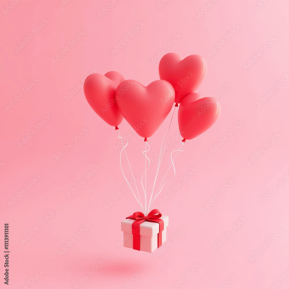 a gift box tied with a red ribbon floats on heart-shaped balloons in a romantic scene, perfect for Valentine's Day celebrations or expressing love with a heartfelt surprise. a gift box tied with a red ribbon floats on heart-shaped balloons in a romantic scene, perfect for Valentine's Day celebrations or expressing love with a heartfelt surprise.