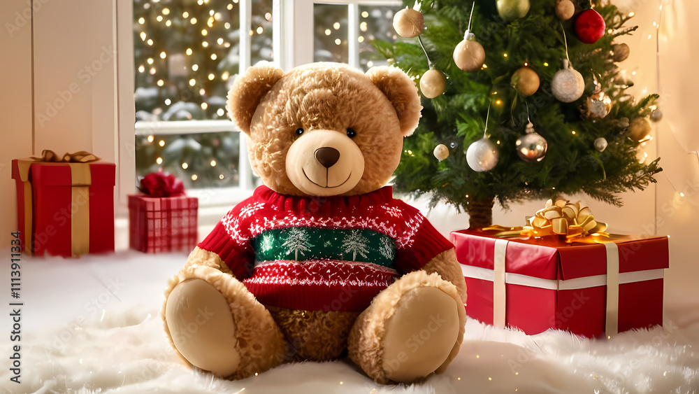 a fluffy teddy bear sitting inside an open Christmas gift box a fluffy teddy bear sitting inside an open Christmas gift box