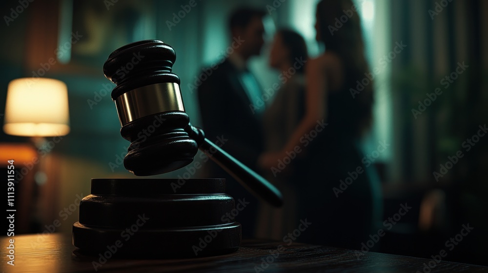 Gavel and Blurred Couple: Legal Drama, Divorce, Dispute Resolution Gavel and Blurred Couple: Legal Drama, Divorce, Dispute Resolution