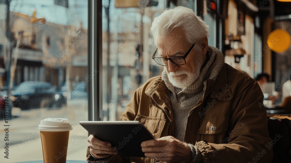 Older man using tablet in modern caf with soft bokeh background Older man using tablet in modern caf with soft bokeh background