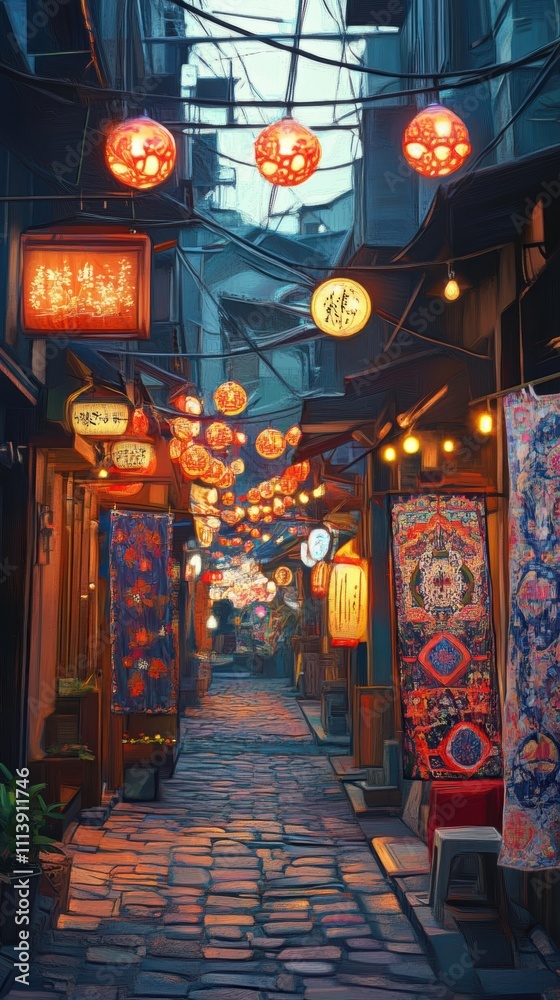 Obraz premium Cultural festival street with lanterns and colorful decorations at twilight