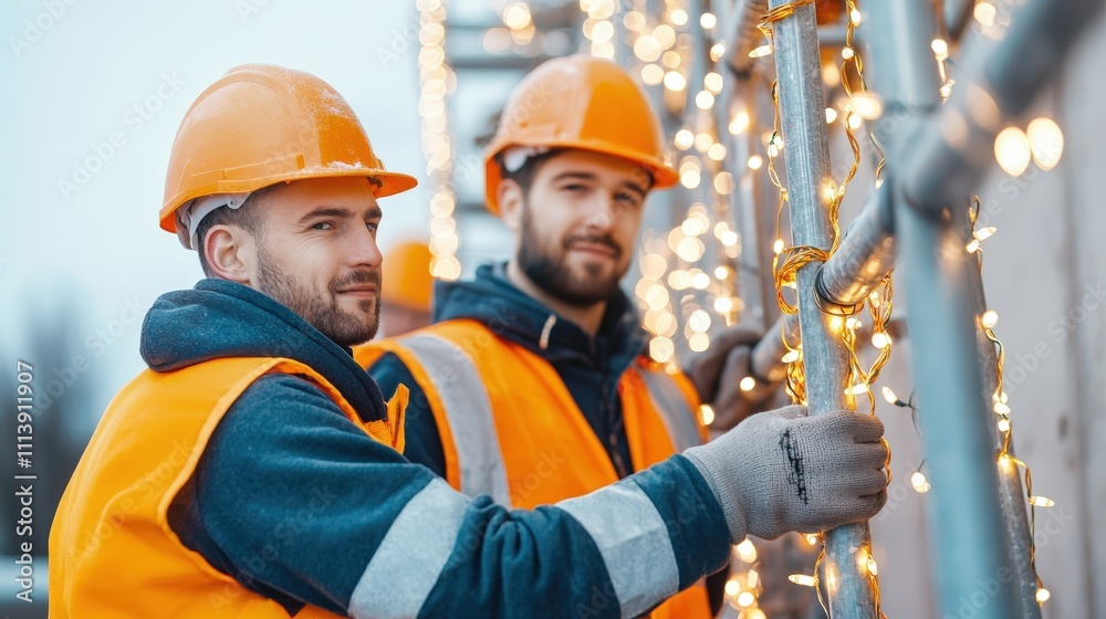 Workers installing festive lights outdoors. Workers installing festive lights outdoors.