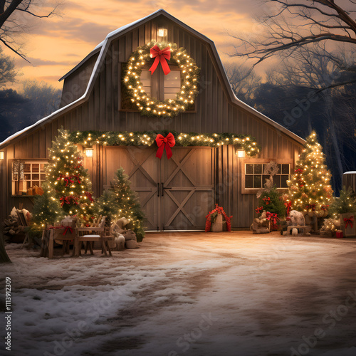 A Rustic Barn Adorned with Christmas Lights and Wreaths

