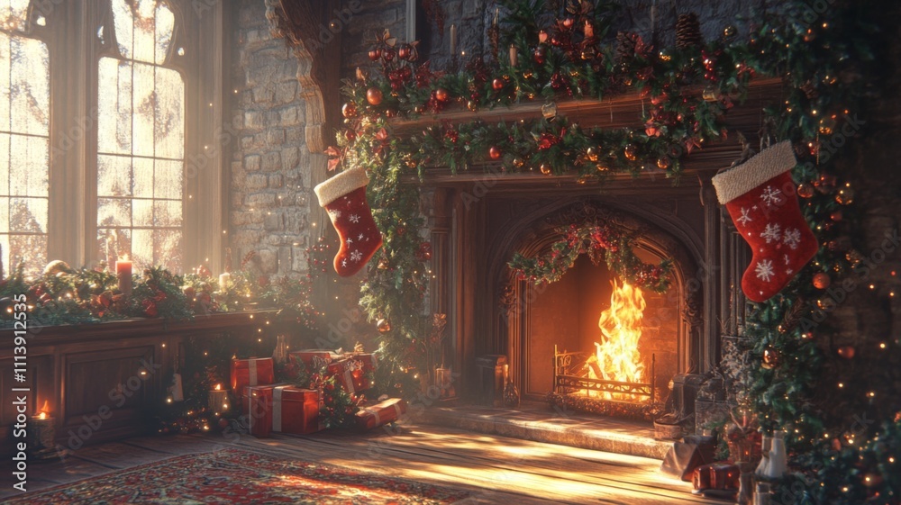 Christmas Decorated Fireplace and Window in a Stone Room Christmas Decorated Fireplace and Window in a Stone Room