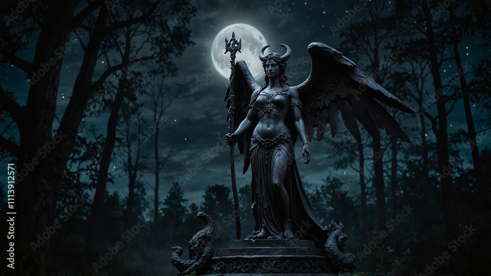 Statue of Lilith, the goddess of darkness, holding a magical staff, set against a night sky and dark forest, with wisdom and darkness symbols carved on the base.