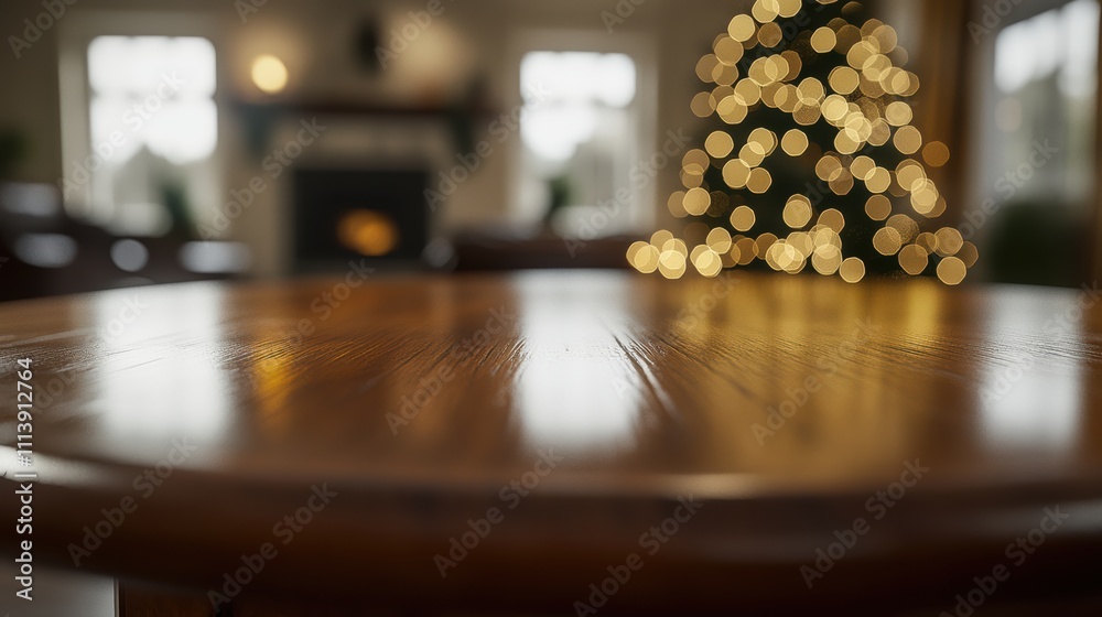 Wooden tabletop with christmas bokeh lights and snowflakes Wooden tabletop with christmas bokeh lights and snowflakes