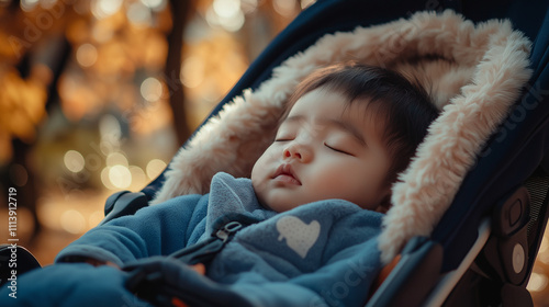 Peaceful baby sleeping in a stroller, cozy autumn atmosphere, soft sunlight, serene outdoor moment, baby care, nature backdrop, tender scene, child in warm clothing, seasonal walk, dreamy and tranquil