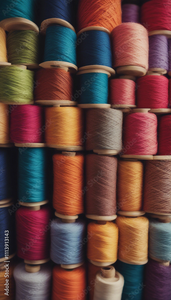 Colorful spools of yarn neatly arranged in a craft supply store showcasing vibrant textiles vertical Colorful spools of yarn neatly arranged in a craft supply store showcasing vibrant textiles vertical