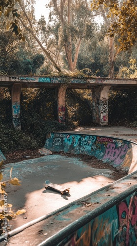 Abandoned s skate park with graffiti and overgrown plants photo