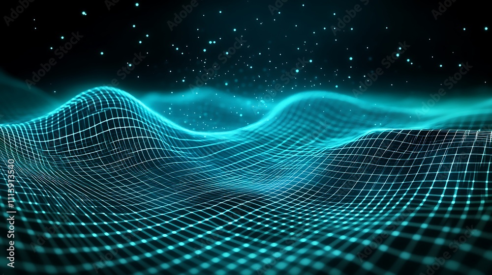 Abstract Wave Patterns with Neon Grid Representation and Sparkling Particles on a Dark Background
