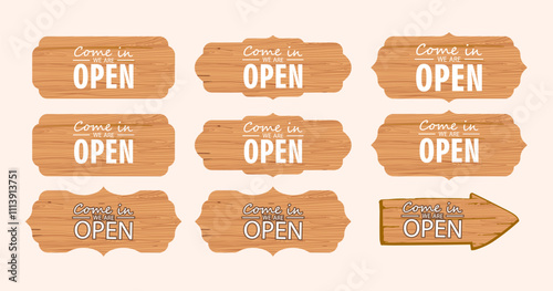 Come in we are open text, tag, signboard note vector illustration element. Open text message on wooden board design for businnes, marketing store.
