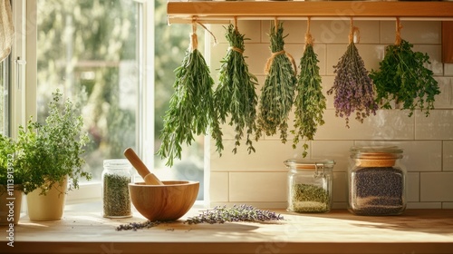 Wallpaper Mural Bundles of dried herbs in rustic kitchen with mortar and jar Torontodigital.ca