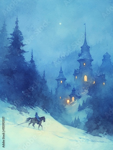 Snowy forest with a castle in the background and a lone rider on horseback, watercolor illustration, ideal for storybook covers, holiday cards, or fantasy-themed designs