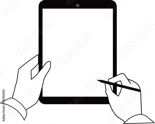 Hand-drawn illustration of taking notes on a tablet