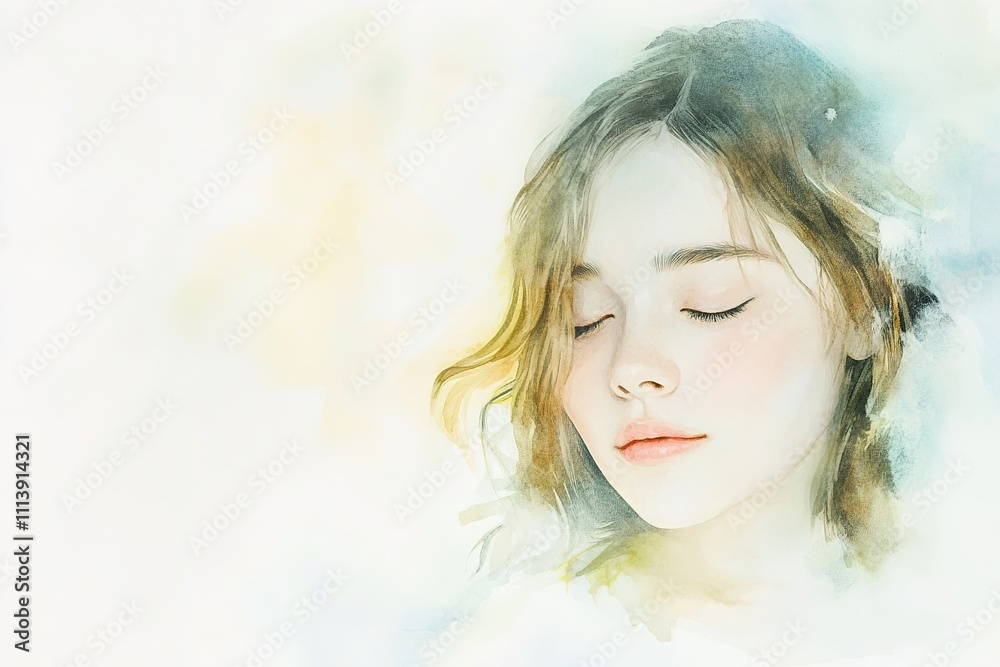 Fototapeta premium Dreamy watercolor portrait of a woman with eyes closed