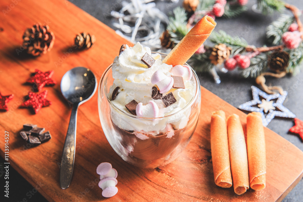 Traditional hot chocolate with whipped cream, marshmallows and chocolate shavings in a Christmas decoration