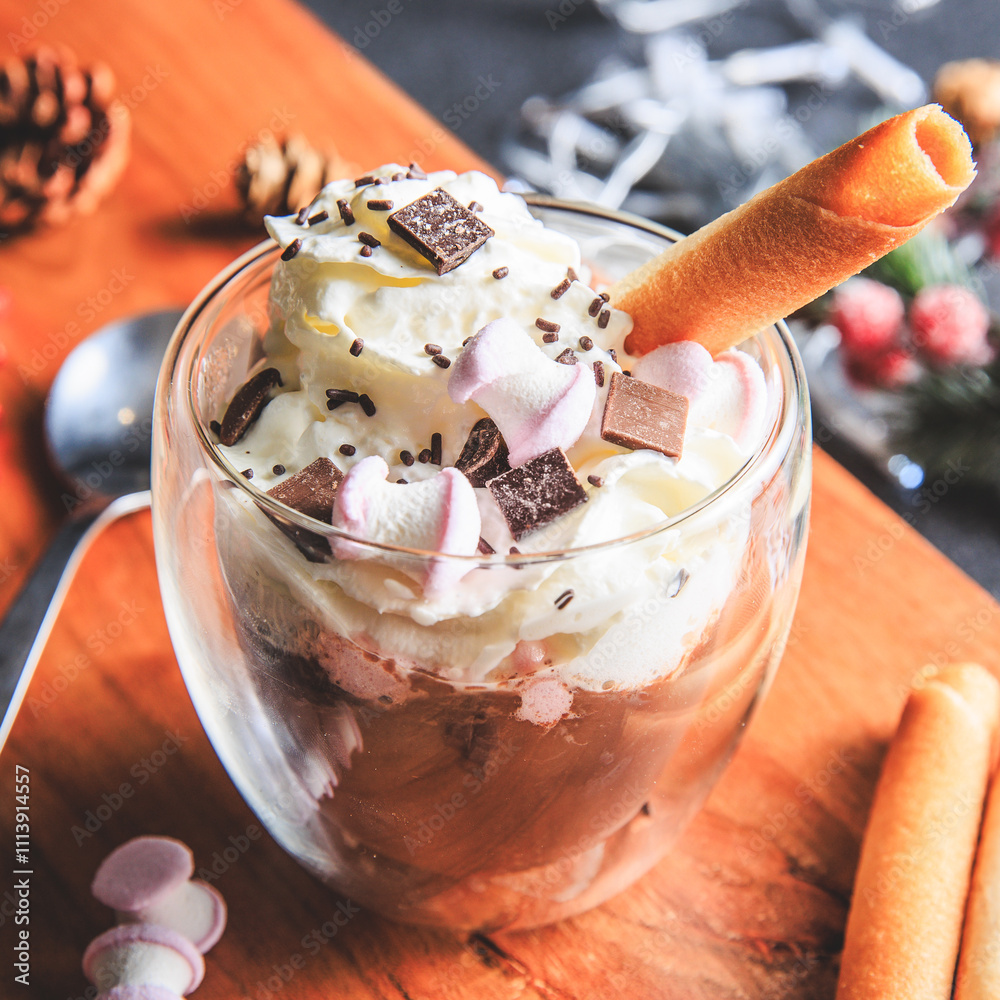 Traditional hot chocolate with whipped cream, marshmallows and chocolate shavings in a Christmas decoration