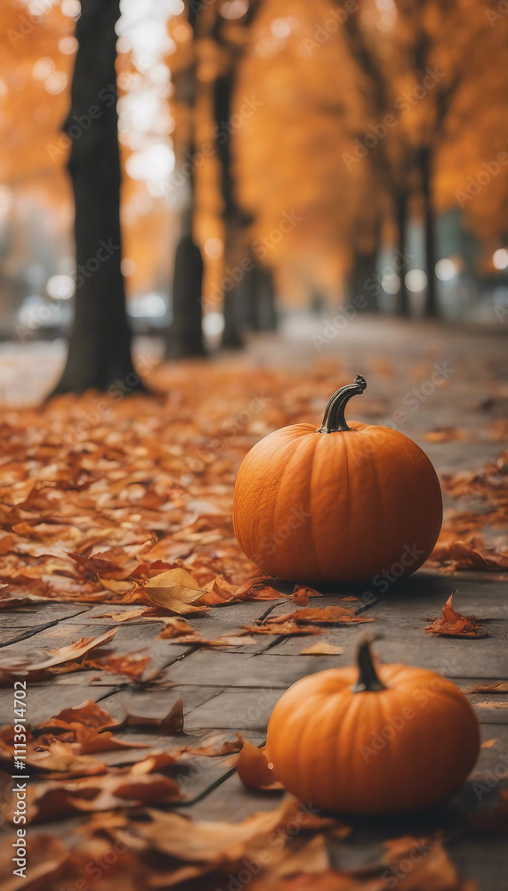 Fall background with orange pumpkins and fall leaves on a light surface vertical Fall background with orange pumpkins and fall leaves on a light surface vertical