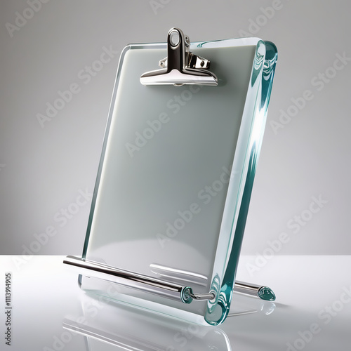 Glass Clipboard with Clamp Sculpture, Transparent Glass with Metallic Clamp and Gray Gradient, Generative Ai