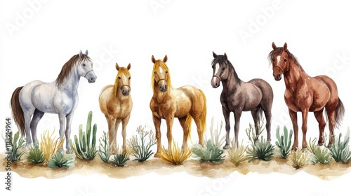 Watercolor Horses in Pastoral Landscape photo