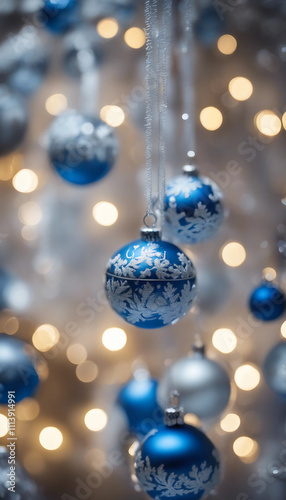 Wallpaper Mural Festive blue and silver ornaments hang amid swirling snowflakes in a winter themed display vertical Torontodigital.ca