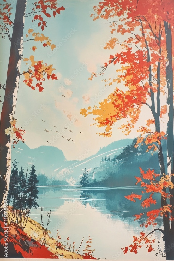 Mountain Stream Sunset. River Valley Sunset, Nature's Canvas at Sunset. Retro classic poster illustration. Mountain Stream Sunset. River Valley Sunset, Nature's Canvas at Sunset. Retro classic poster illustration.