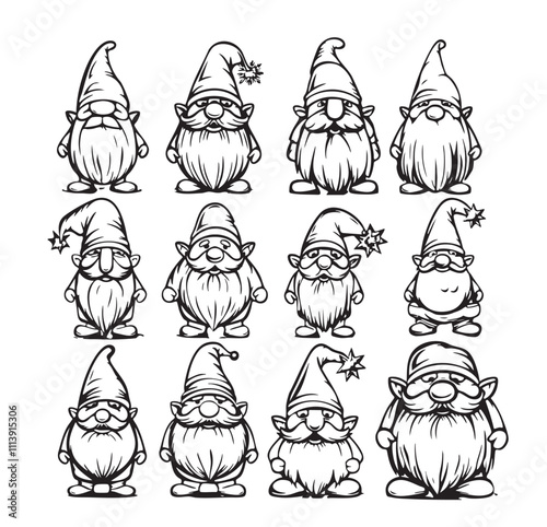 Set of little garden gnomes. Collection of cute holidays elves with hats. Vector illustration for New Year postcard. Drawing for children.