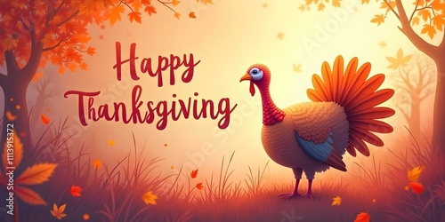 A colorful turkey standing in a field with autumn leaves and the text 