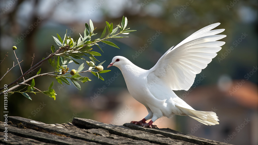 Fototapeta premium White Dove with Olive Branch: A Timeless Symbol of Peace