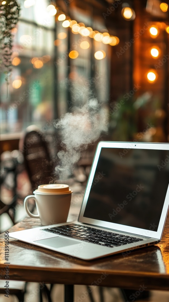 Laptop on coffee table in cozy caf with cappuccino and warm lights Laptop on coffee table in cozy caf with cappuccino and warm lights