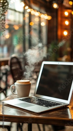 Laptop on coffee table in cozy caf with cappuccino and warm lights