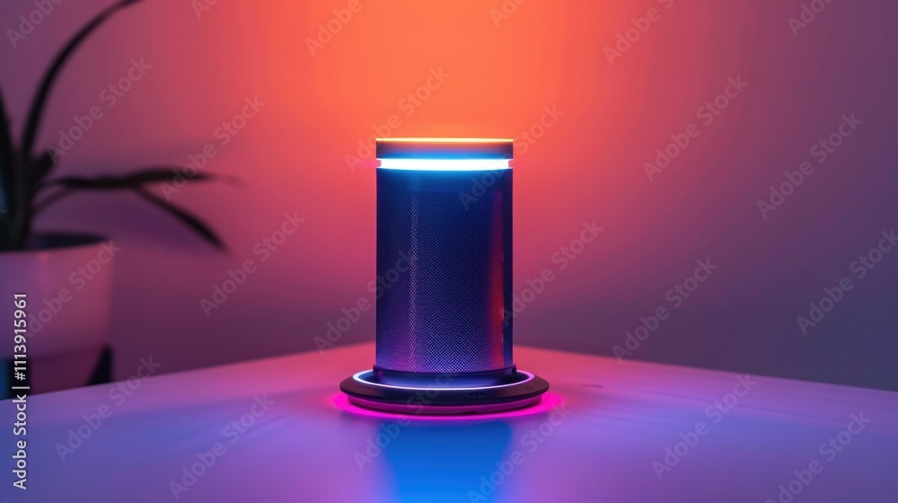 A modern smart speaker with colorful LED lighting on a table. A modern smart speaker with colorful LED lighting on a table.