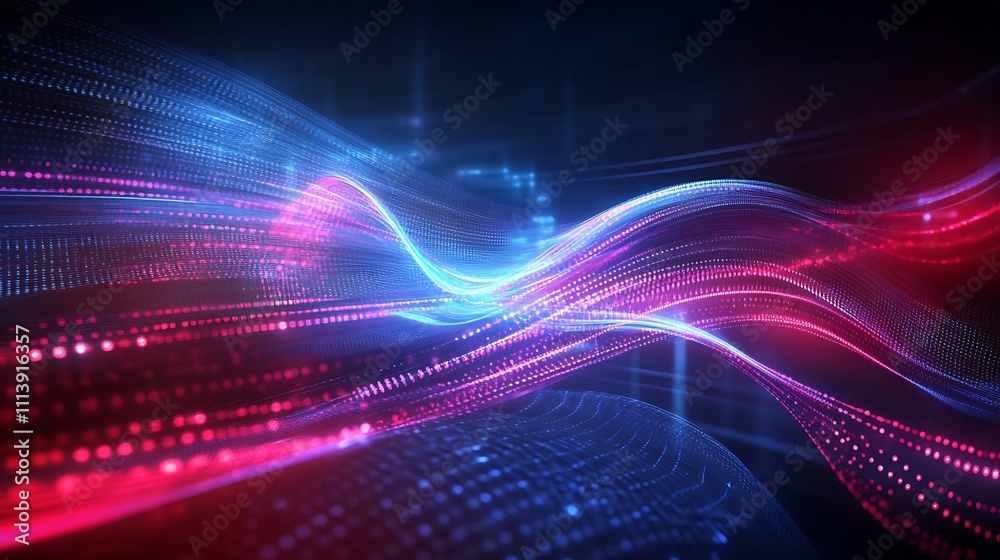 Colorful Abstract Waves of Light with Blue and Red Particles Creating a Dynamic Background for Technology Themes Colorful Abstract Waves of Light with Blue and Red Particles Creating a Dynamic Background for Technology Themes