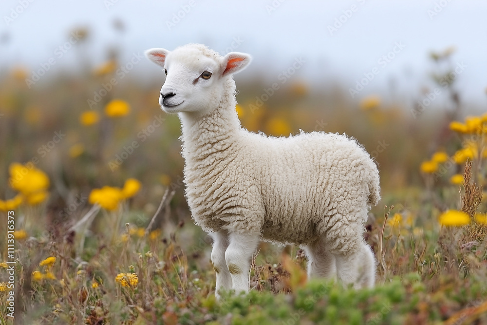Fototapeta premium A Young Lamb Stands in a Field of Yellow Flowers