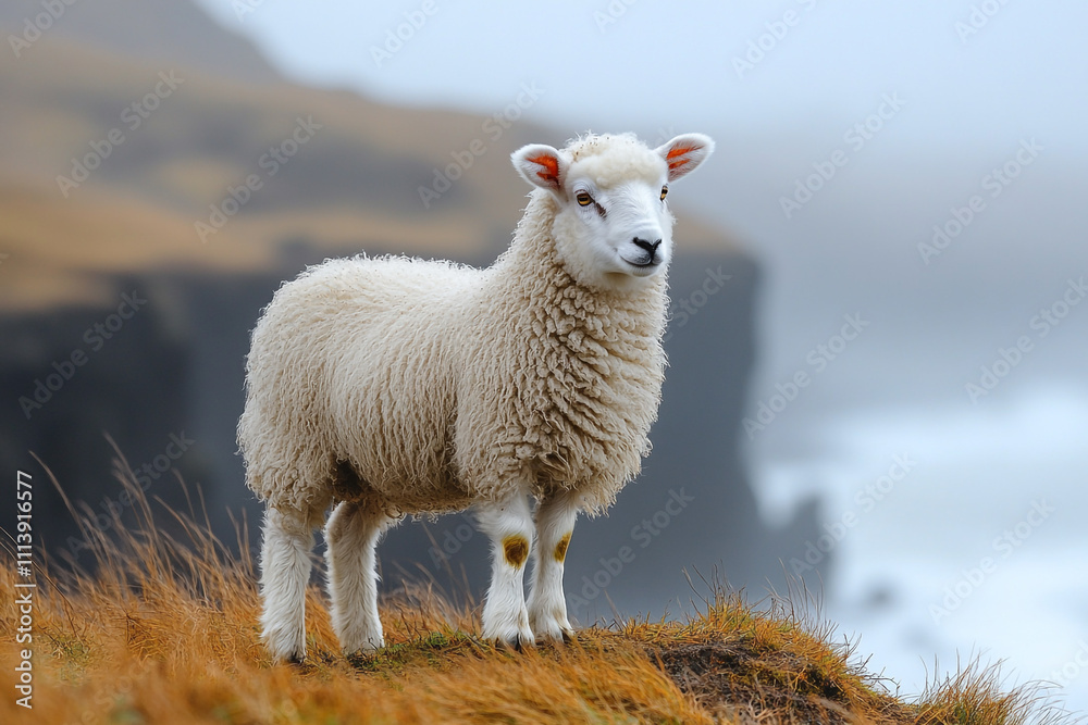 Fototapeta premium Icelandic Sheep Standing on a Cliffside