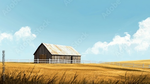 Rustic Barn in Golden Wheat Field Under a Blue Sky