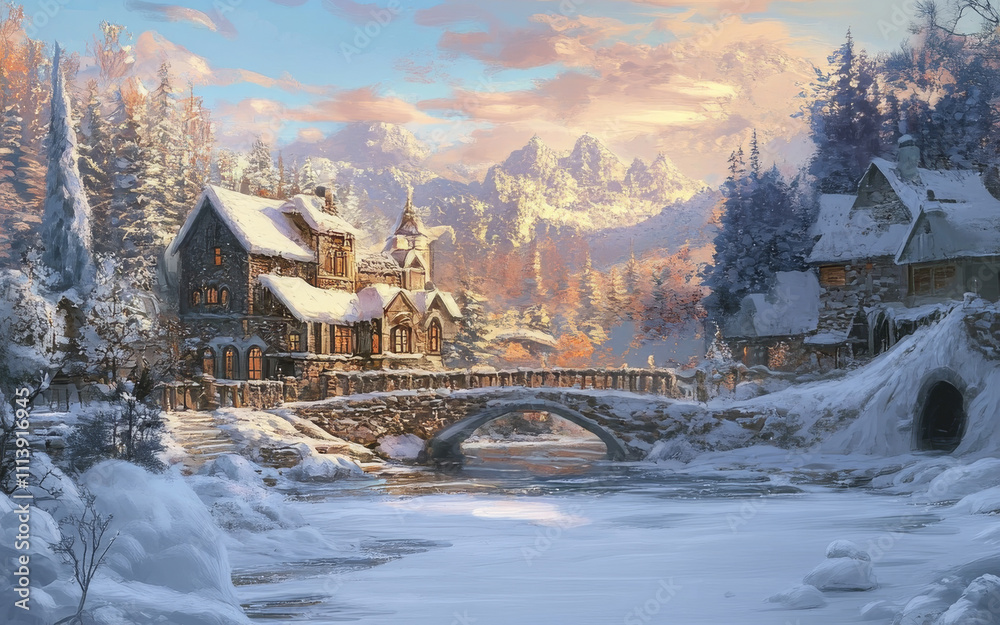 Generative ai illustration of a X-mass Snow-covered landscapes