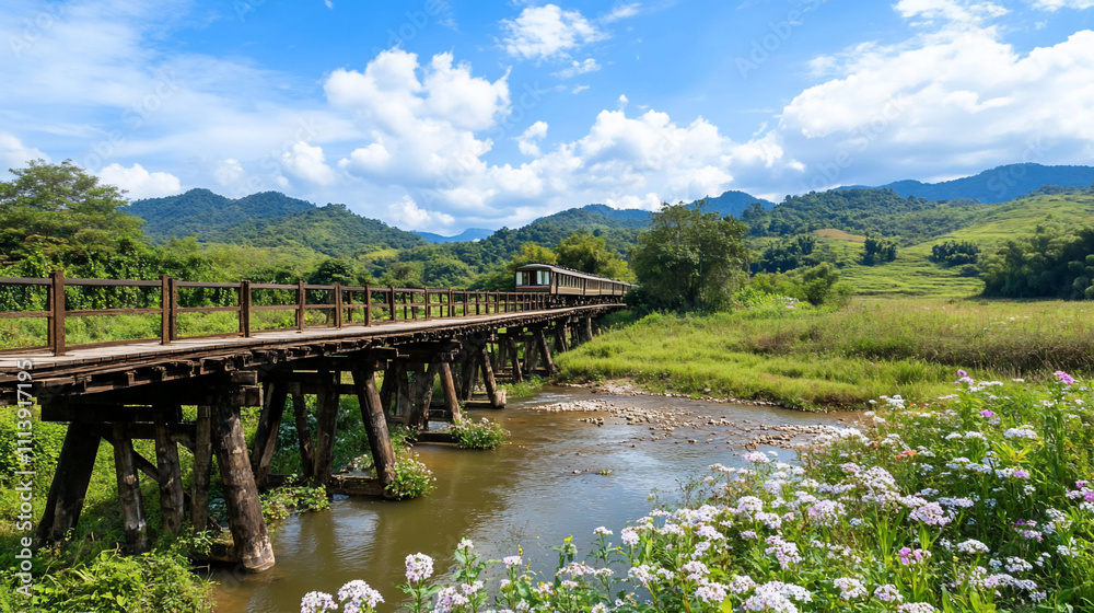 Scenic bridge over a river with lush greenery and mountains. Scenic bridge over a river with lush greenery and mountains.