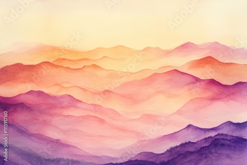 Serene Watercolor Mountain Landscape at Dawn: Soft Purple and Orange Hues in Majestic Hills - Perfect for Home Decor and Nature Themes