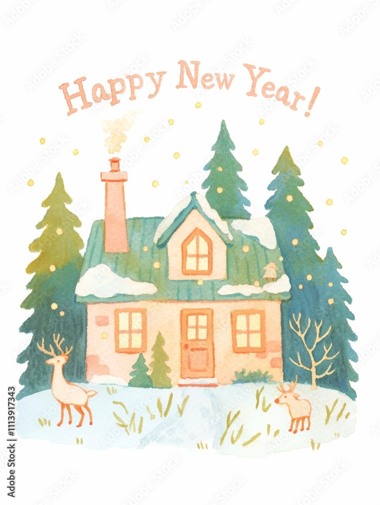 Obraz premium festive winter illustration of a cozy house with deer and 