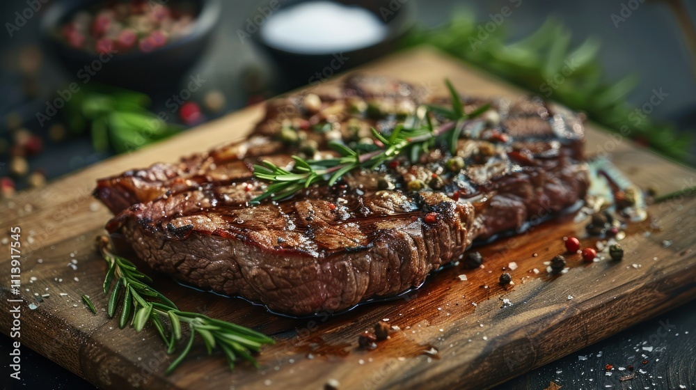 Delicious barbecue, Juicy grilled steak with herbs and spices on a rustic cutting board, Delicious barbecue, Juicy grilled steak with herbs and spices on a rustic cutting board,