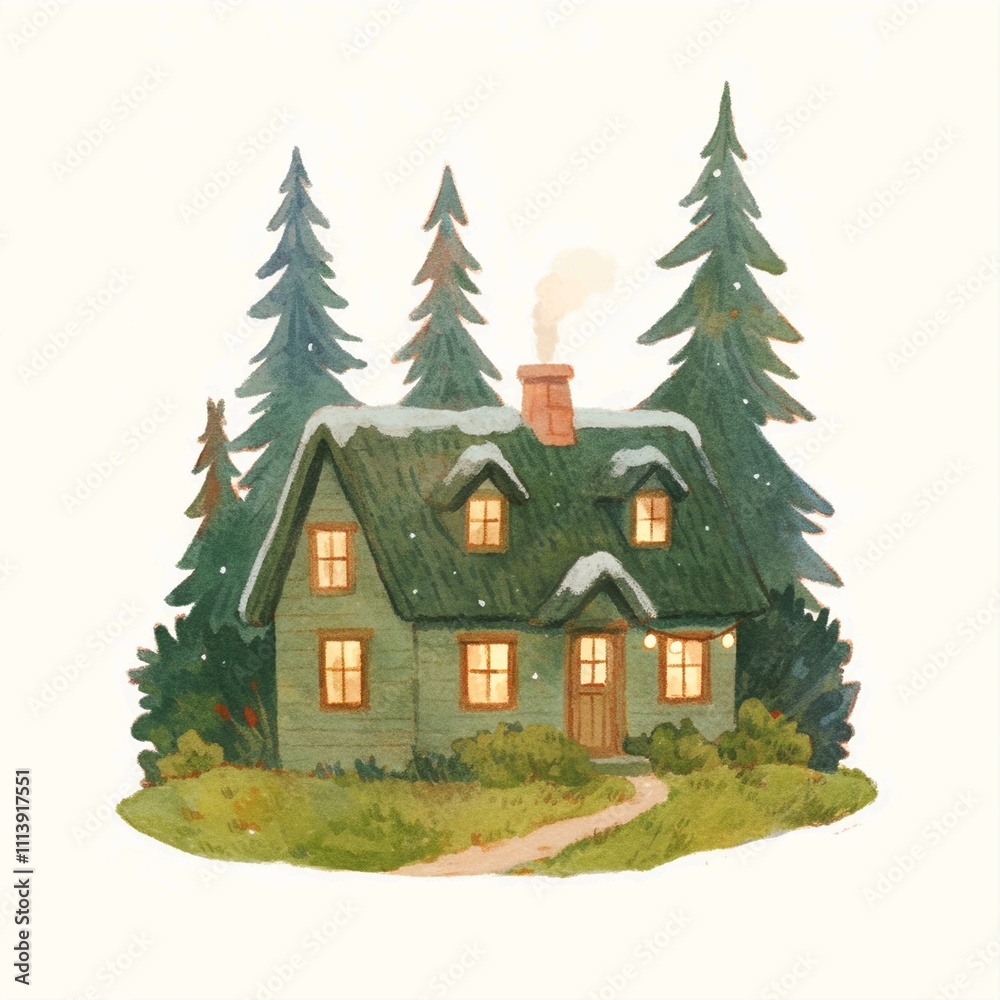 Fototapeta premium Snow-covered green cottage with glowing windows and a chimney, pine trees, winter landscape illustration, ideal for Christmas cards, New Year postcards, or seasonal holiday designs, with copy space